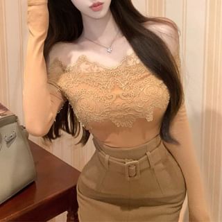 Off Shoulder Lace Trim Top and Belted Pencil Skirt Set