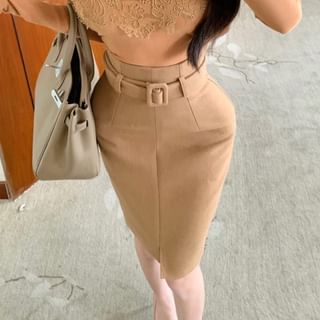 Off Shoulder Lace Trim Top and Belted Pencil Skirt Set