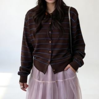 Crewneck Button-Up Striped Cardigan