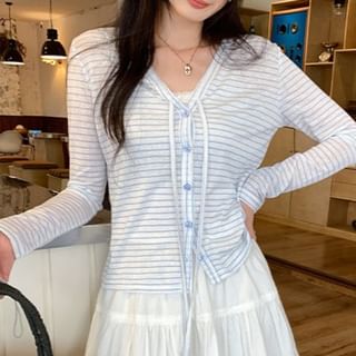 V-Neck Striped Tie Front Light Cardigan