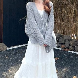 V-Neck Perforated Button-Up Plain Cardigan / High Waist Lace Trim Tiered Maxi A-Line Skirt
