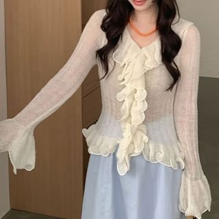 Sheer Frill Trim V-Neck Knit Top
