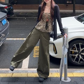 Leopard Print Peplum Camisole Top / Plain Cardigan / High Waist Plain Baggy Pants