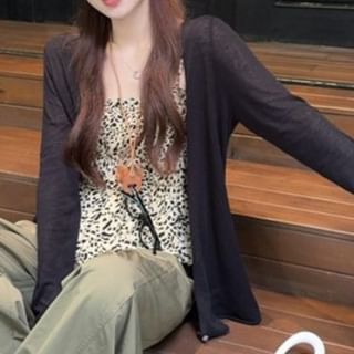 Leopard Print Peplum Camisole Top / Plain Cardigan / High Waist Plain Baggy Pants