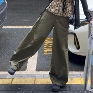 Leopard Print Peplum Camisole Top / Plain Cardigan / High Waist Plain Baggy Pants