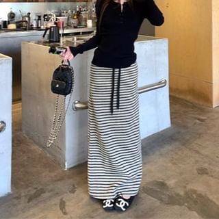 Black Knit Top with Striped Maxi Skirt - Altfashion Shop