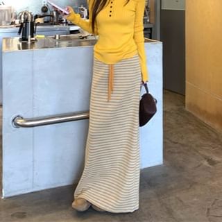 Black Knit Top with Striped Maxi Skirt - Altfashion Shop