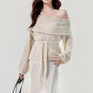 Black Off-Shoulder Knit Top with Tie Waist - Altfashion Shop