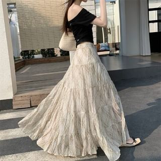Black Plaid A-Line Maxi Skirt with Tiered Ruffles