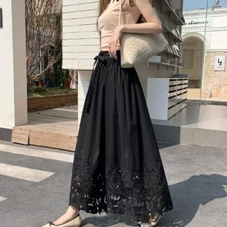 Black Lace High-Waist A-Line Maxi Skirt - Altfashion Shop