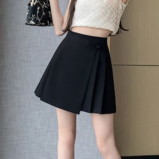 Black High-Waisted Mini Pleated Skirt with Frog Buttons - Altfashion Shop