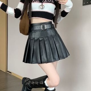 Black Mini A-Line Skirt - Faux Leather High Waist Pleated