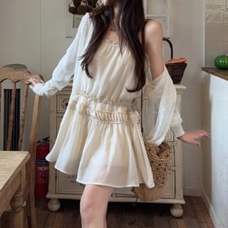 Spaghetti Strap Plain Frill Trim Drawstring Waist Mini A-Line Dress / Mid Rise Asymmetrical Skirt Overlay Flared Pants