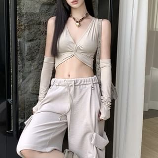 Cropped Halter Top with Front Slit Knot and V-Neck
