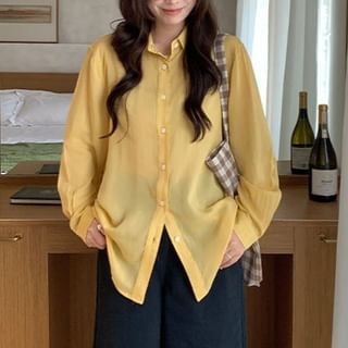 Collared Long-Sleeve Plain Shirt
