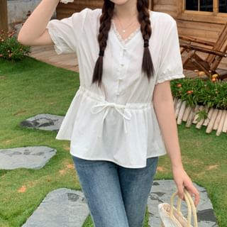 Short-Sleeve V-Neck Plain Lace Trim Peplum Blouse