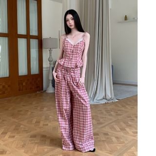 Mock Two-Piece V-Neck Plaid Lace Panel Button-Up Crop Camisole Top / High Waist Wide Leg Pants