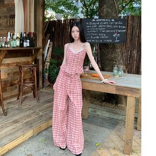 Mock Two-Piece V-Neck Plaid Lace Panel Button-Up Crop Camisole Top / High Waist Wide Leg Pants