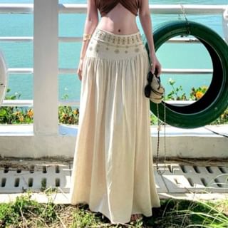 Sleeveless Turtleneck Plain Crop Top / Bandeau Top / Mid Waist Maxi A-Line Skirt