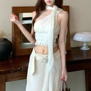 Sleeveless One Shoulder Plain Ruched Crop Top / Mid Rise Belted Maxi A-Line Skirt