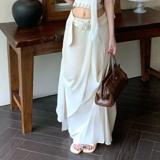 Sleeveless One Shoulder Plain Ruched Crop Top / Mid Rise Belted Maxi A-Line Skirt
