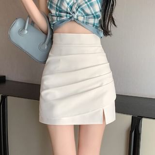High Waist Plain Ruched Mini A-Line Skirt