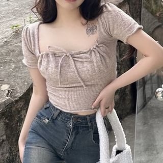 Square Neck Ruched Tie-Front Crop Top