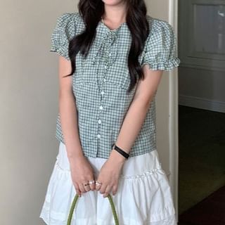 Puff-Sleeve Tie-Neck Plaid Button-Up Blouse