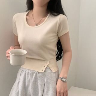 Striped Crop Knit Top Scoop Neck Short Sleeve