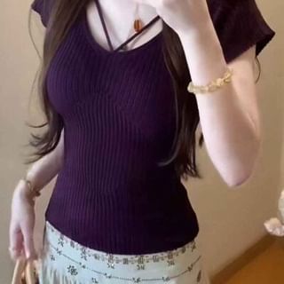 V-Neck Ribbed Knit Top Cap Sleeve Style