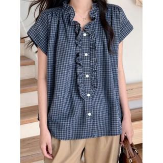 Ruffle Trim Plaid Button Up Shirt Cap Sleeve