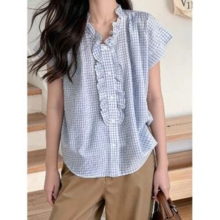 Ruffle Trim Plaid Button Up Shirt Cap Sleeve