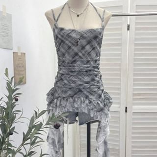 Plaid Asymmetrical Lace Panel Camisole