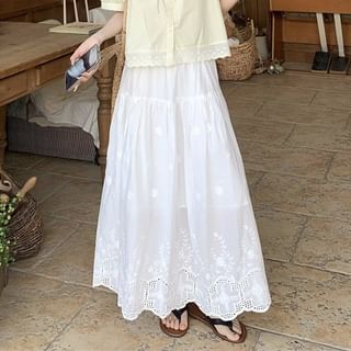 Short-Sleeve Ribbon Accent Plain Blouse / High Waist Maxi A-Line Skirt