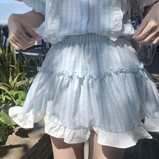 Collared Dotted Striped Ruffle Panel Blouse with Elastic Waist Mini A-Line Skirt Set