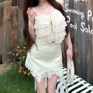 Lace Sleeveless Crop Top with High-Waisted Asymmetric Mini Skirt