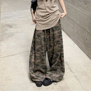 Ruched Tank Top & Low Waist Camo Print Wide Leg Pants