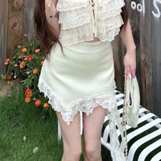 Lace Sleeveless Crop Top with High-Waisted Asymmetric Mini Skirt