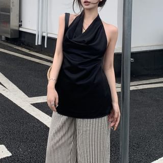 Set: Sleeveless Plain Top + High Waist Pinstripe Wide Leg Pants