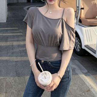 Cold Shoulder Elbow-Sleeve Crop Top - Solid