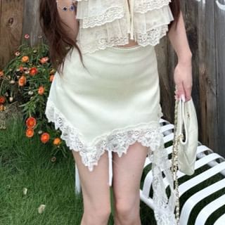 Sleeveless Tie Neck Plain Tiered Panel Lace Crop Top / High Waist Asymmetrical Mini Pencil Skirt