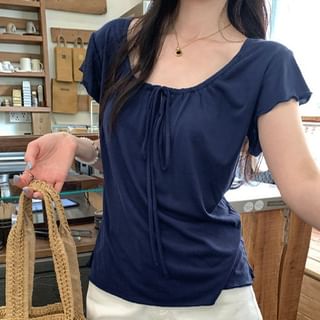Tie Neck Plain Top, Short Sleeve
