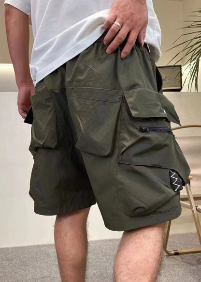 Loose Army Green Zip Up Pockets Elastic Waist Cotton Mens Shorts Summer