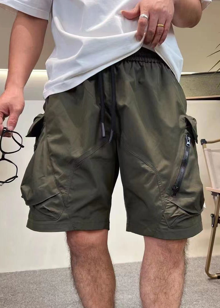 Loose Army Green Zip Up Pockets Elastic Waist Cotton Mens Shorts Summer
