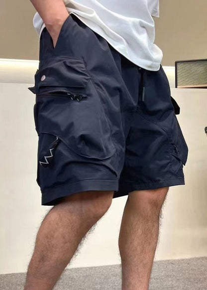 Loose Army Green Zip Up Pockets Elastic Waist Cotton Mens Shorts Summer