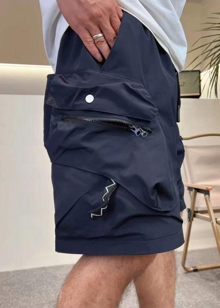 Loose Army Green Zip Up Pockets Elastic Waist Cotton Mens Shorts Summer