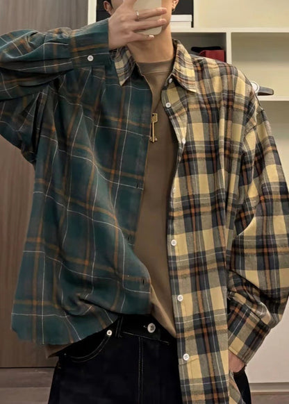 Loose Asymmetrical Plaid Button Cotton Mens Shirts Spring