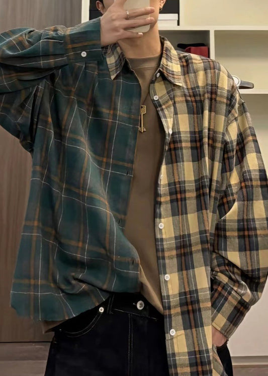 Loose Asymmetrical Plaid Button Cotton Mens Shirts Spring