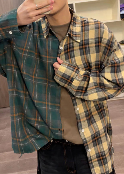 Loose Asymmetrical Plaid Button Cotton Mens Shirts Spring