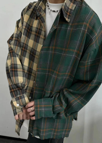 Loose Asymmetrical Plaid Button Cotton Mens Shirts Spring